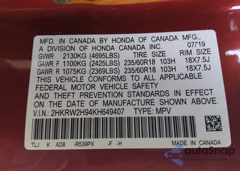 2019 Honda Cr-V Touring z USA, uszkodzony, nr VIN 2HKRW2H94KH649407